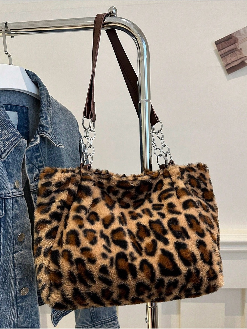 Leopard Faux-Fur Shoulder Bag - Brown - Picture 2 of 4